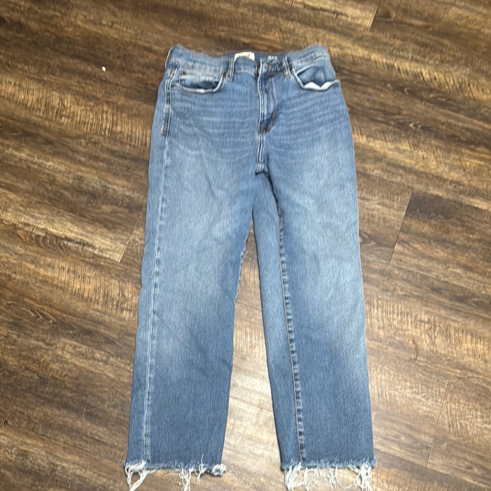 Blue Ankle Cropped Jeans with Distressed Details